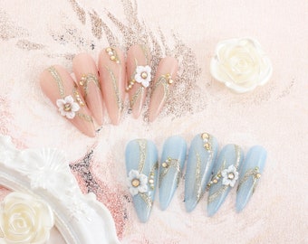 Linger as Jasmine - ONailSun Rhinestone Diamond Pearl Girly Princess Romantic Flower Dazzling Luxury Press-on Nails - Long Stiletto Nail