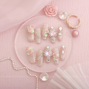 Lustrous Petals - ONailSun Handpainted Flower Blossom Girly Shell Textured Kawaii Rose Glittering Shiny Press-on Nails - Pastel Pink Nails