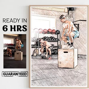 May include: A digital illustration of two people working out in a gym. The people are drawn in a sketchy style and are performing box jumps. The image is in black and white with a gray background.