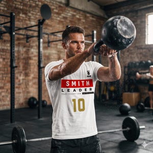 May include: A white short-sleeved t-shirt featuring a red rectangular graphic with the text SMITH, the word LEADER below it, the text YOUR CROSSFIT BOX UNITED STATES, and the large gold number 10 printed on the front chest area.