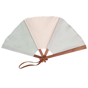 May include: A wooden fan with a light green, pink, and white fabric design. The fan has a leather strap and the brand name "VIANA" is printed on the handle.