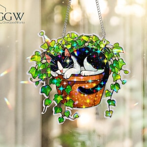 Black Cat Sleeping on Ivy Hologram Ornament , Cat ACRYLIC Window Hanging, Plant Lover Gift, Ivy Plants Decor, Cozy Cat Decor, Gift For Mom