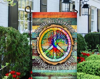 Peace Sign Hippie Flag, Stel je voor dat alle mensen in vrede leven Garden Flag, Tree Of Life Inspirational Yard Outside Decorations