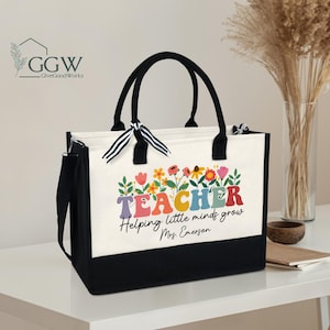 Personalized Teacher Tote Bag, Custom Teacher Bag, Floral Flower Bag, Teacher Gift, Teacher Appreciation Gift, Teacher Thank You Tote Bag