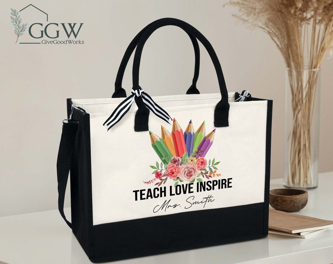Personalized Teacher Tote Bag, Custom Teacher Bag, Pencil Floral Teacher Bag, Teacher Gift, Teacher Appreciation Gift, Teacher Thank You Bag