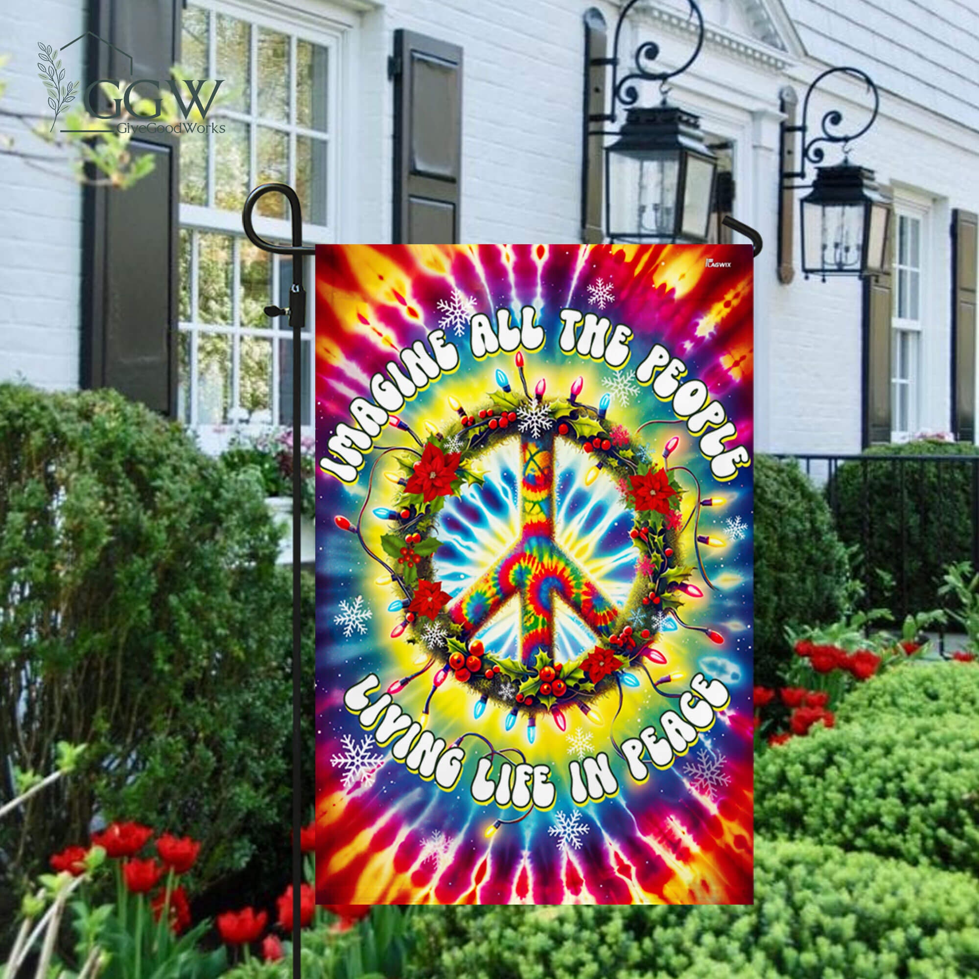 Discover Peace Sign Hippie Flag, Imagine All The People Living Life In Peace Garden Flag