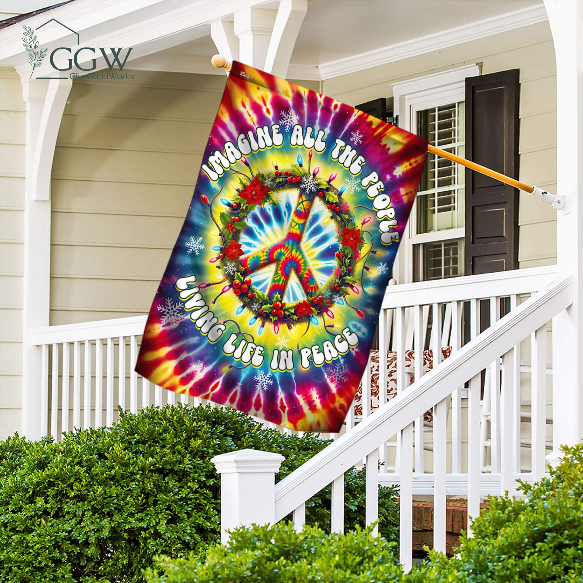 Discover Peace Sign Hippie Flag, Imagine All The People Living Life In Peace Garden Flag