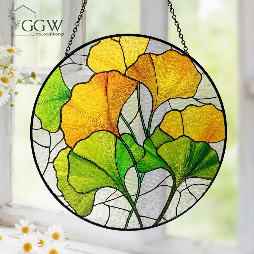 Gingko Window Ginkgo Leaves Stained Glass Window Hanging, Ginkgo Leaf Stained Glass ...
