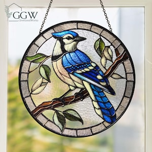 Blue Jay Stained Glass Suncatcher Decor, Blue Bird Ornament, Blue Jay Hanging Art, Bird-watching Gift,Nature Inspired Decor,Bird Lover Gift
