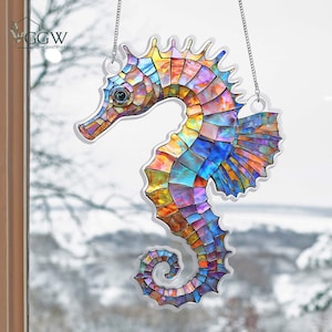 Seahorse Acrylic Suncatcher Hanging, Coastal Sea Horse Ocean Beach Window Decor, Seahorse Ornament, Seahorse Coastal Decor, Ocean Home Decor