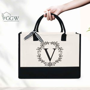 Personalized Monogram Canvas Beach Tote Bag Initial Tote Bridesmaid Gift Tote Custom Beach Bag Gift for Her A-Z Gift For Women