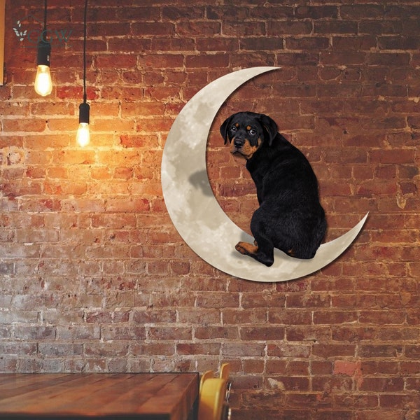 Décoration murale en métal de lune de chien de Rottweiler, signe de mur de chien de Rottweiler sur la lune, cadeau d'amant de chien, décor de signe en métal de chien de Rottweiler