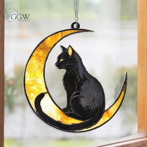 Black Cat Moon Suncatcher, Cat Moon Decor, Black Cat Ornament, Halloween Suncatcher, Cat Moon Art, Black Cat Window, Cat Lover Gift