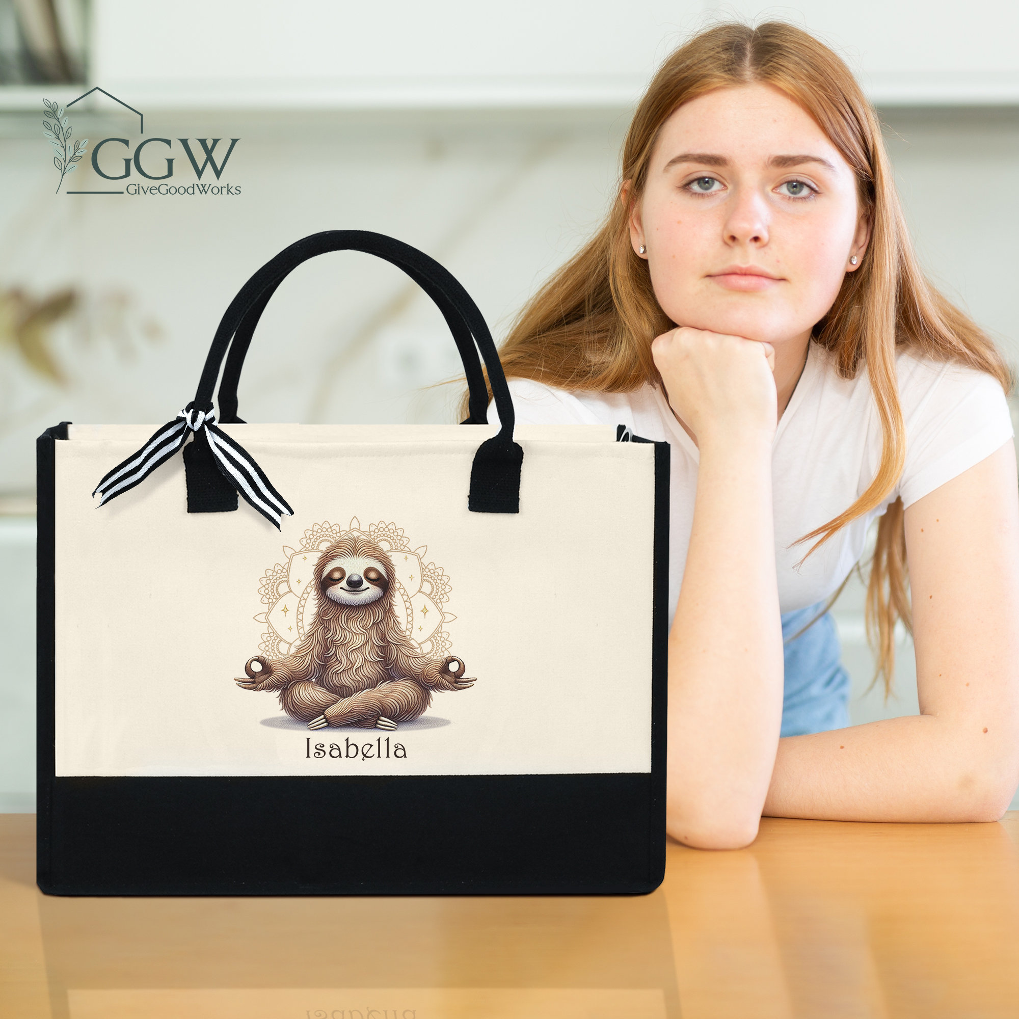 Personalized Sloth Tote Bag, Funny Sloth Meditation Bag, Sloth Lover Gifts, Yoga Gift, Lazy Sloth Gift, Adorable Animals Bag, Spa Gift