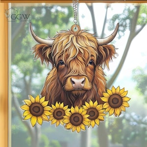 Highland Cow Suncatcher Window Hanging, Cow Lover Gift, Farmhouse Decor, Sunflower Farm Cow Stained Glass Ornament, Housewarming, Christmas