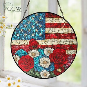 4th of July Decor, Patriotic Stained Glass Sun Catcher, American Flag Window Hanging, Red White Blue Floral Suncatcher, Memorial Day Gift