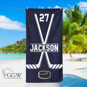 Personalized Hockey Team Beach Towel, Custom Hockey Dad Gift, Sports Mom Towel, Hockey Baby Name Gift, Hockey Jersey Number, Sports Fan Gift