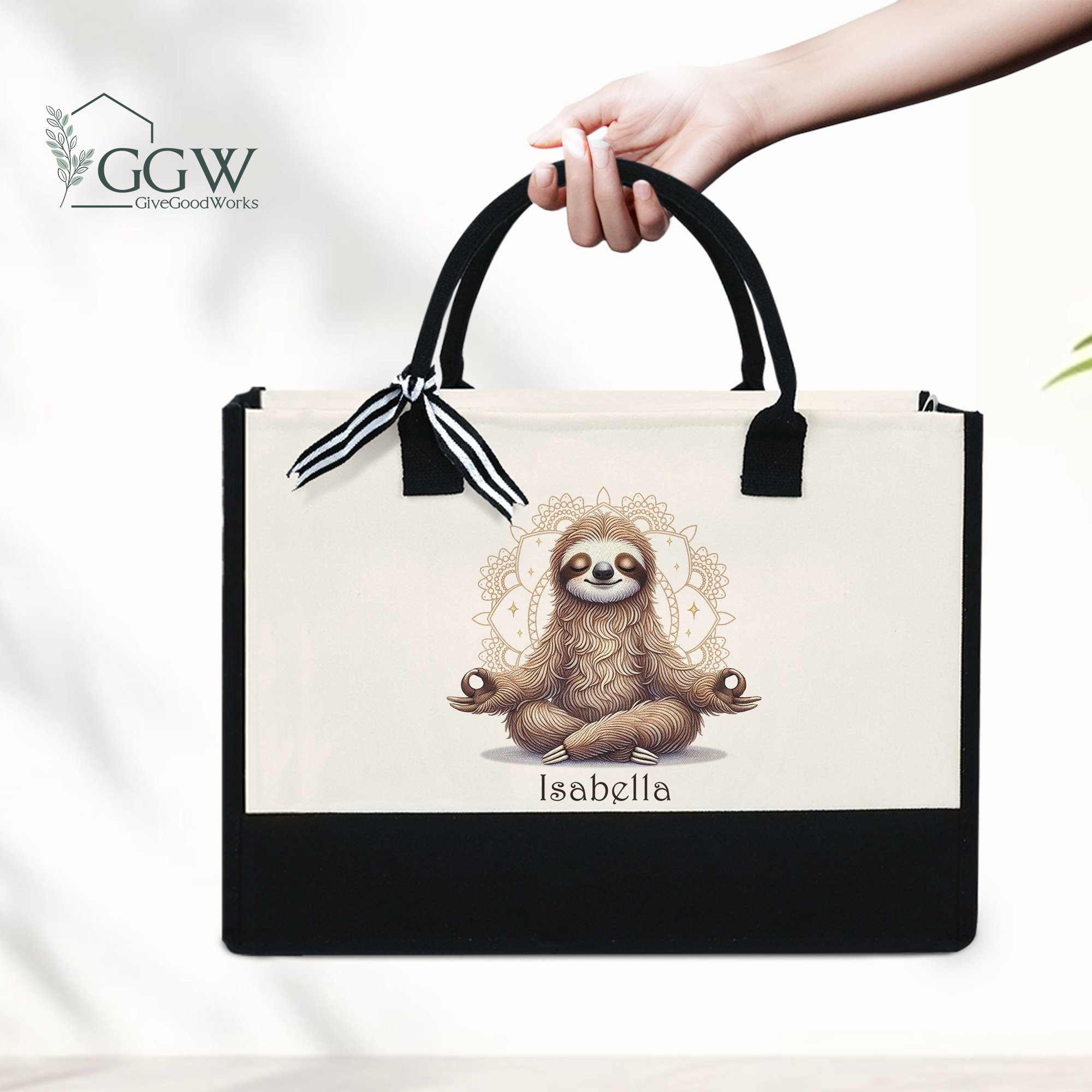 Personalized Sloth Tote Bag, Funny Sloth Meditation Bag, Sloth Lover Gifts, Yoga Gift, Lazy Sloth Gift, Adorable Animals Bag, Spa Gift