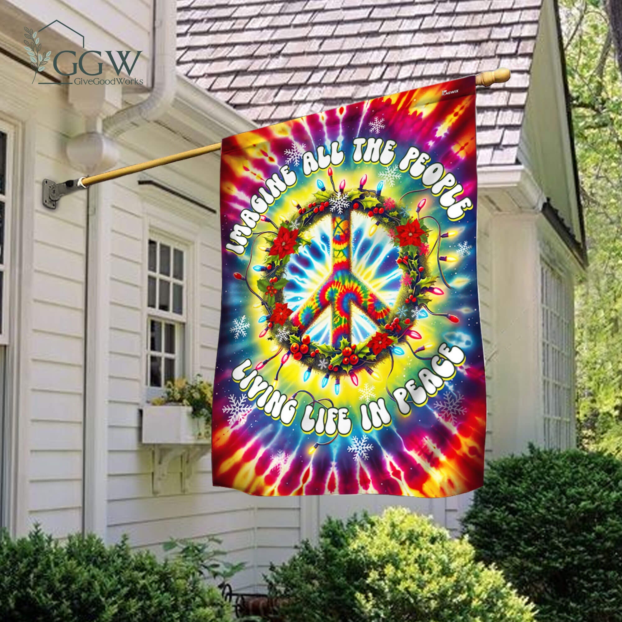 Discover Peace Sign Hippie Flag, Imagine All The People Living Life In Peace Garden Flag