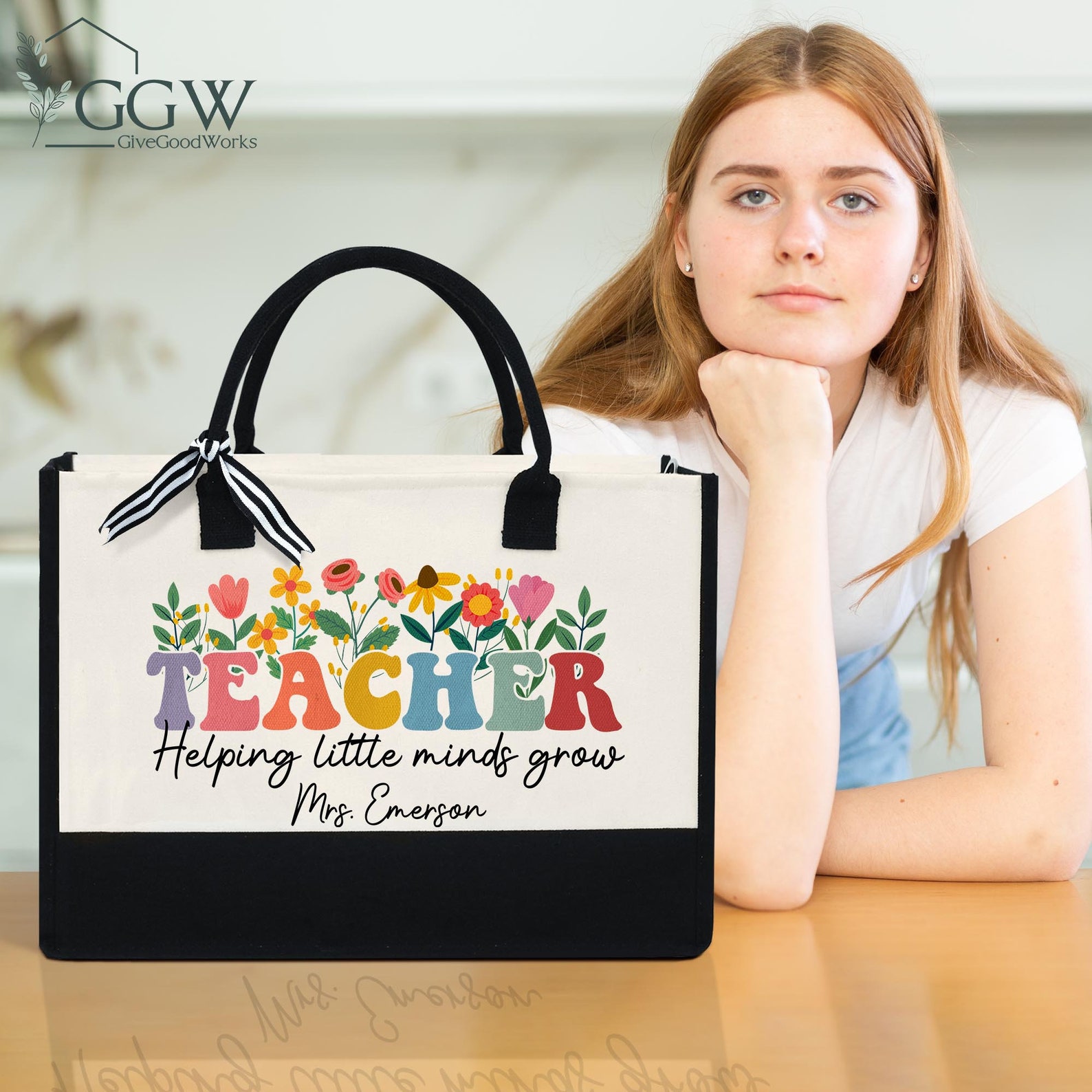 Personalized Teacher Tote Bag Custom Teacher Bag Floral Etsy