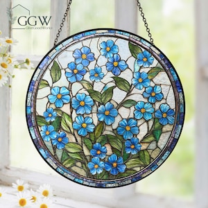 Forget-Me-Not Stained Glass Suncatcher, Flower Window Hanging Decor,Handmade Floral Sun Catcher,Nature Inspired Art,Botanical Glass Ornament