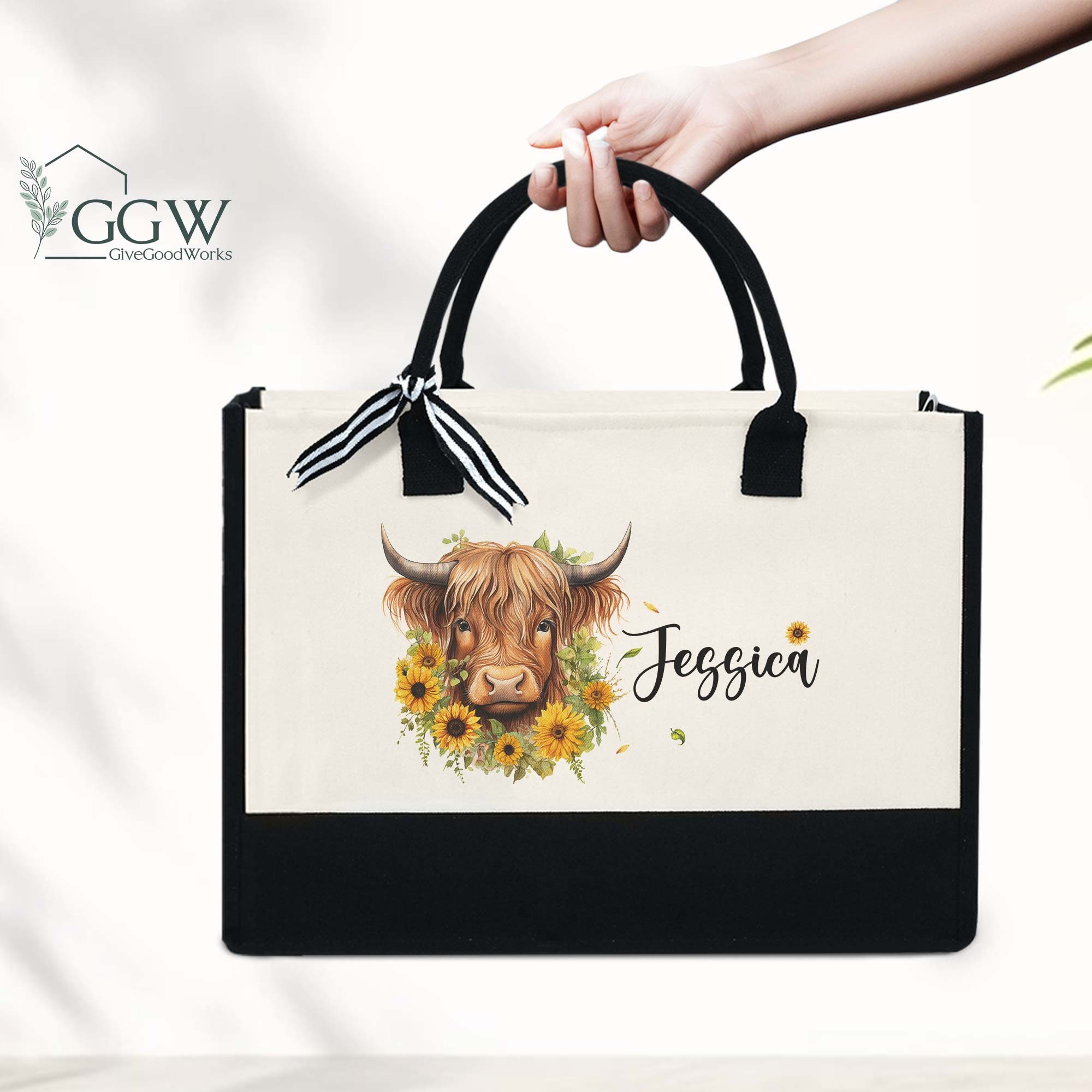 Personalised Highland Cow Tote Bag, Cow Bag, Highland Cow Gift, Farm Animal Tote,Name Tote Bag, Personalised Bag, Animal Lover Gift,Cow Tote
