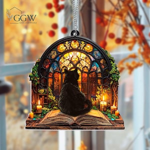 Black Cat And Book 2D Suncatcher Ornament, Ghost Reading Book Suncatcher, Book Window Decor, Librarian Gift, Cat Lover Gift, Book Lover Gift