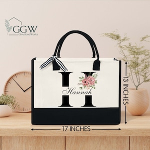 Personalized Tote Bag, Custom Name Initial Tote Bag, Gifts For Teacher, Mom, Grandma, Aunt, Wedding Gift 13oz Canvas Tote Bag With Zipper
