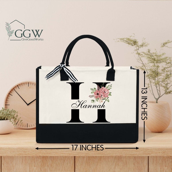 Personalized Tote Bag, Custom Name Initial Tote Bag, Gifts For Teacher, Mom, Grandma, Aunt, Wedding Gift 13oz Canvas Tote Bag With Zipper