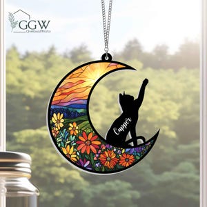 Custom Name Black Cat Moon Suncatcher,Cat Moon Decor,Black Cat Window, Cat Lover Gift,Black Cat Ornament, Halloween Suncatcher, Cat Moon Art