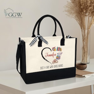Personalized Book Tote Bag, Just A Girl Who Loves Books Tote Bag, Gift Bag for Book Lover, Reader Tote Bag, Librarian Gifts, Bookworm Bag
