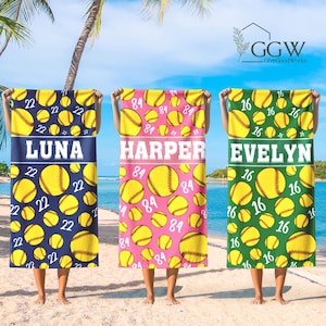 Softball Beach Towel, Softball Gifts For Girls, Softball Team Gifts, Custom Softball Towel Name & Number, Softball Mom, Softball Pool Towel