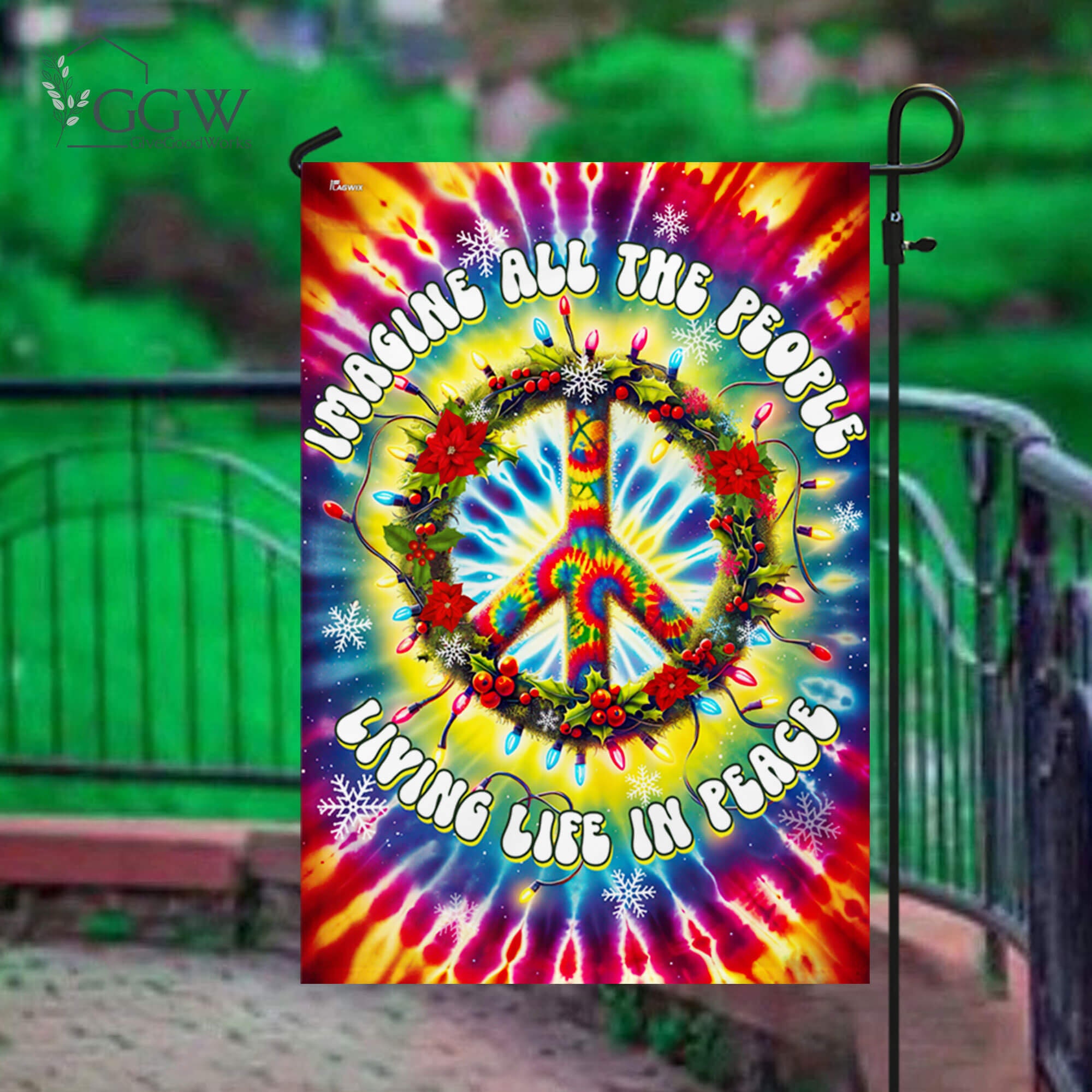 Discover Peace Sign Hippie Flag, Imagine All The People Living Life In Peace Garden Flag