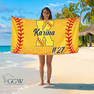 Custom Softball Towel Name & Number, Softball Beach Towel, Softball Gifts For Girls, Softball Team Gifts, Softball Gifts For Players, Team