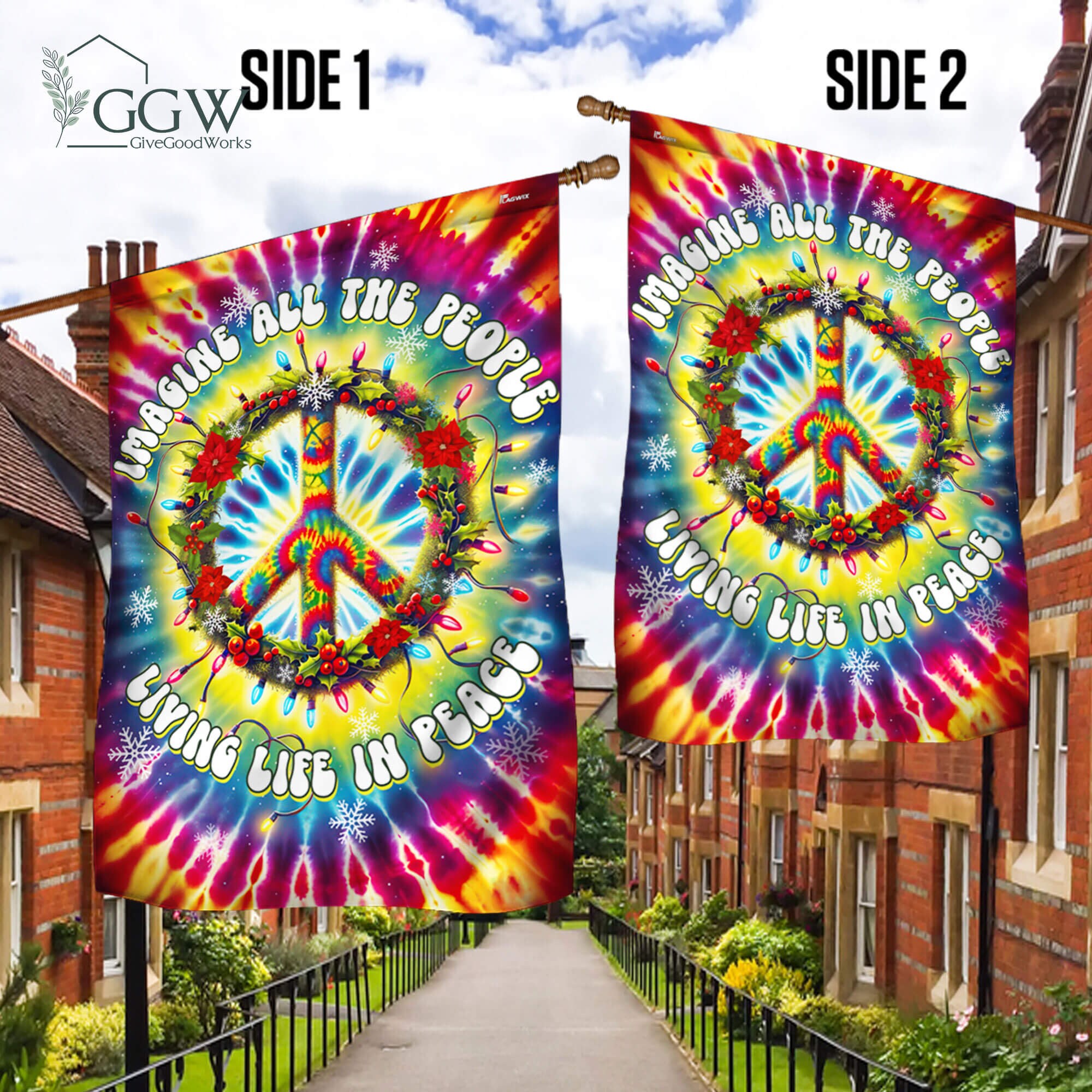 Discover Peace Sign Hippie Flag, Imagine All The People Living Life In Peace Garden Flag