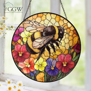 Bee Stained Glass Sun Catcher, Honeybee Window Hanging, Floral Bee Decor for Garden Lovers, Bumblebee Suncatcher Gift for Her