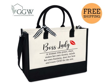 Boss Lady Zipper Tote Bag, Gift for My Boss, Team Manger Gift, Director Gift, Boss Thank You Gift, Boss Gift Tote 13oz Canvas Tote Bag