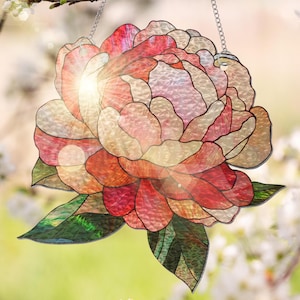 Peony Stained Glass Suncatcher, Peony Flower Suncatcher, Peony Lover Window Hanging, Floral Peony Gifts for Mom, Peony Lover Gardening Lover