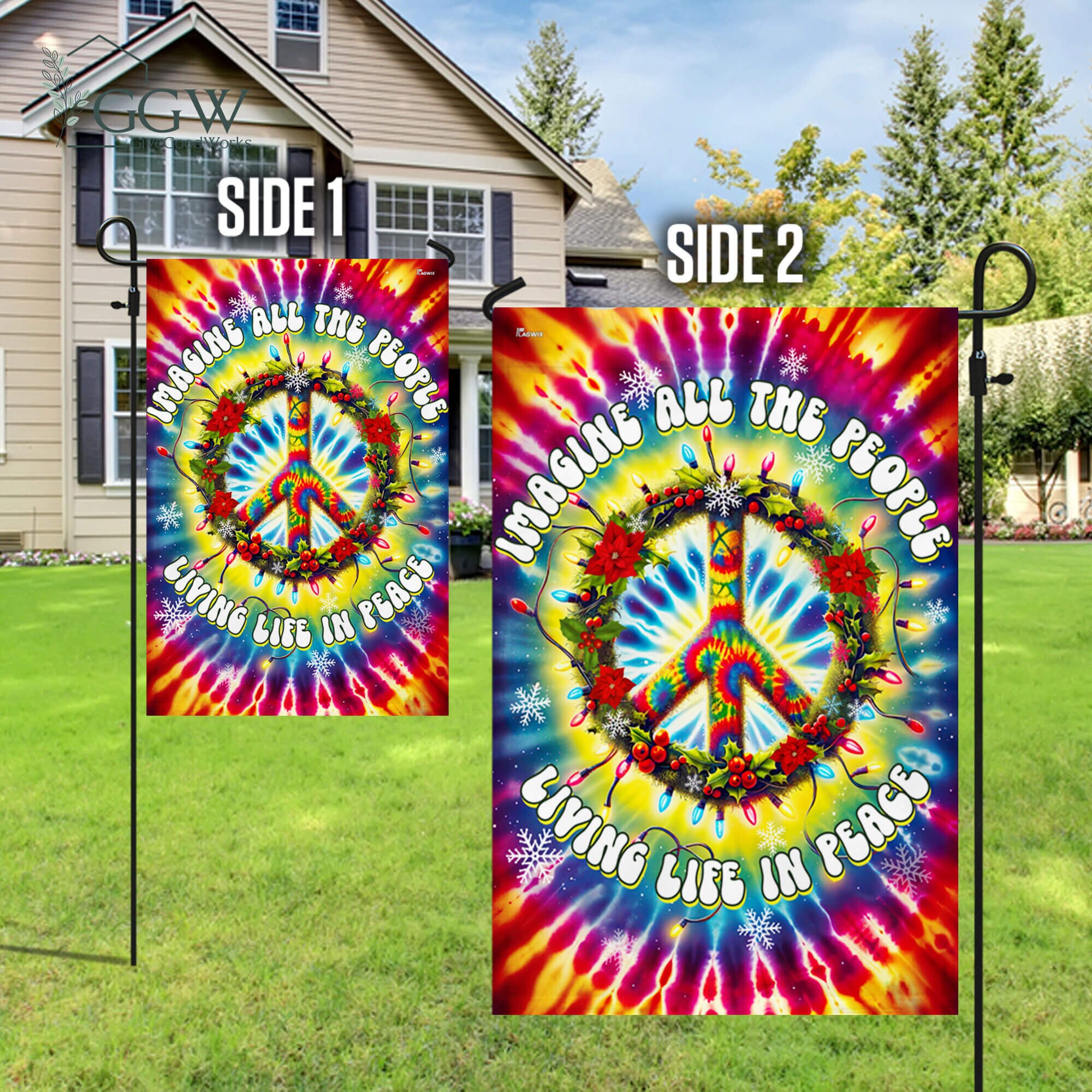 Discover Peace Sign Hippie Flag, Imagine All The People Living Life In Peace Garden Flag