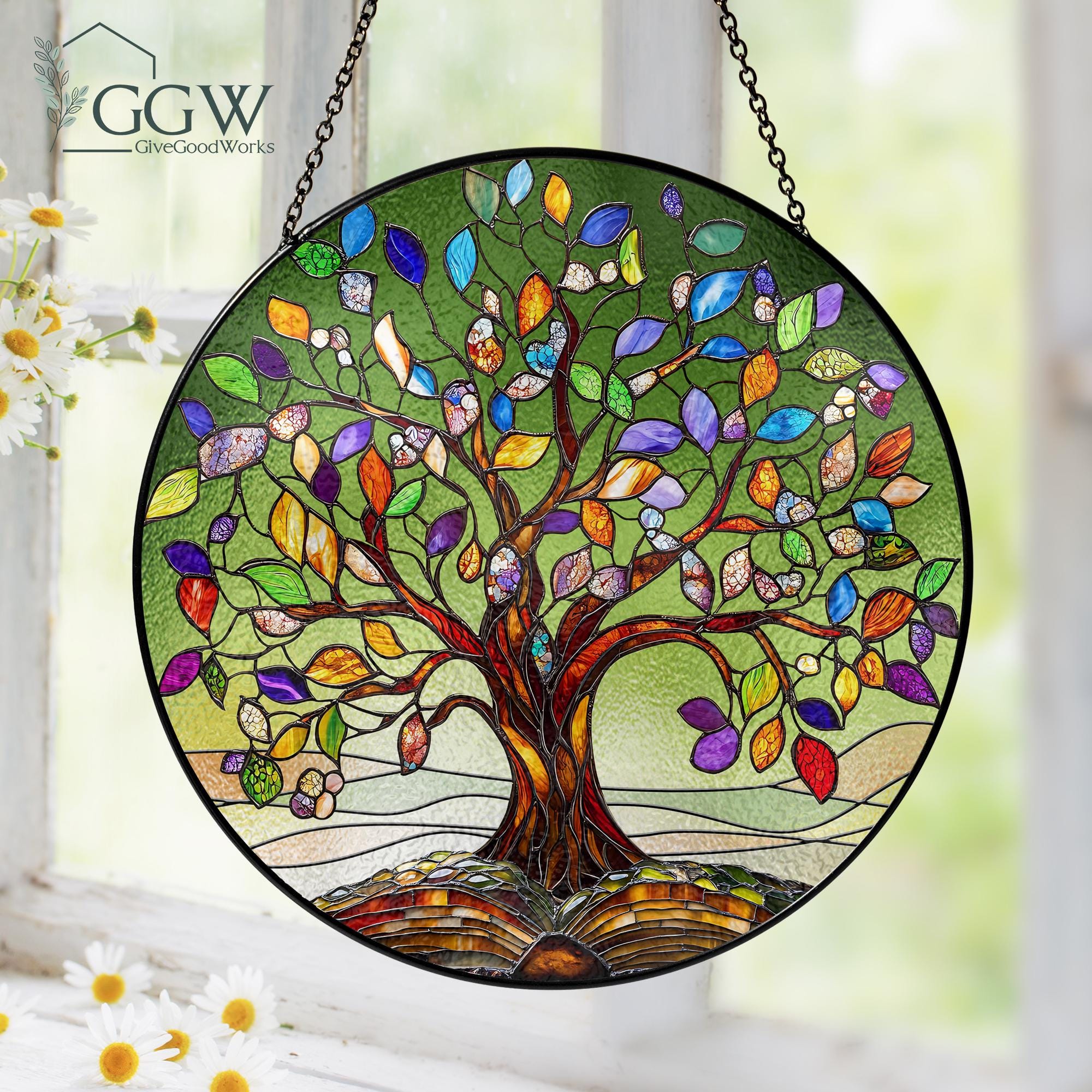 Tree Of Life Stained Glass Suncatcher - Hand-Painted Window Hanging Ornament, 6.3 Inch Home Decor