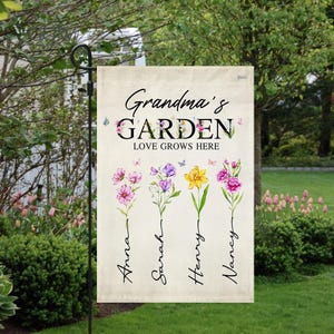 Grandma&#39;s Flowers Garden With Grandkids Name Flag, Grandma Gifts, Mother&#39;s Day Gift For Grandma, Custom Birth Flowers Gifts, Gift For Mom