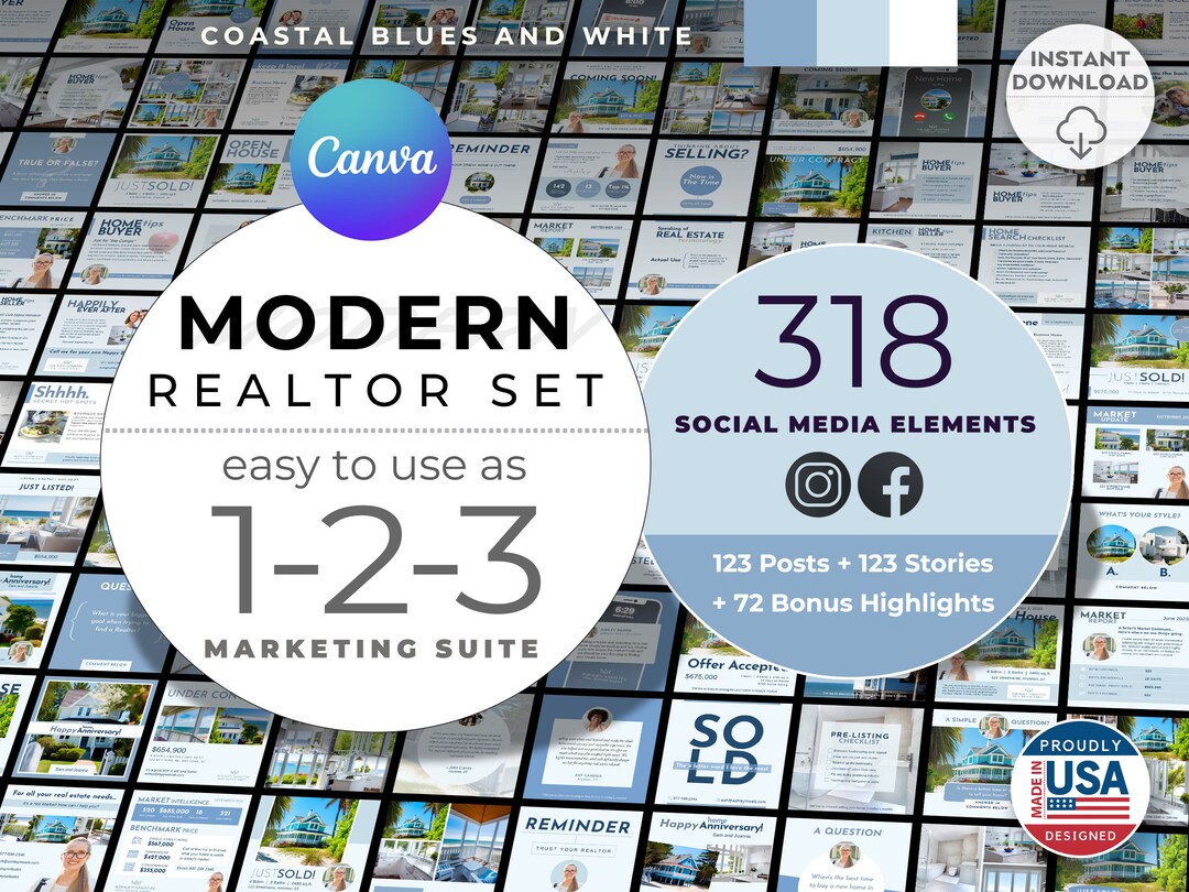 Ocean Blue Real Estate Instagram Post Story Highlights Icons in Canva Realtor Template Canva