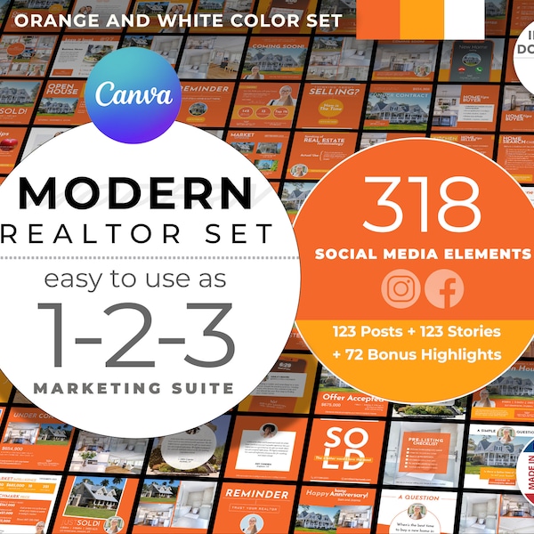 Realtor Instagram Posts + Stories + Highlights Icons in Canva | Real Estate Template | Canva Marketing Template - Orange and White
