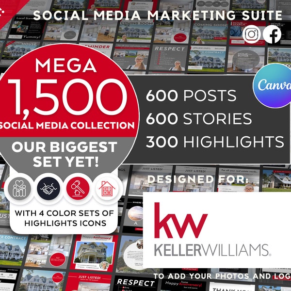 Keller Williams Real Estate 1500 Instagram Post + Story + Highlights Icons in Canva | Realtor Template | Canva Marketing Template Red & Gray