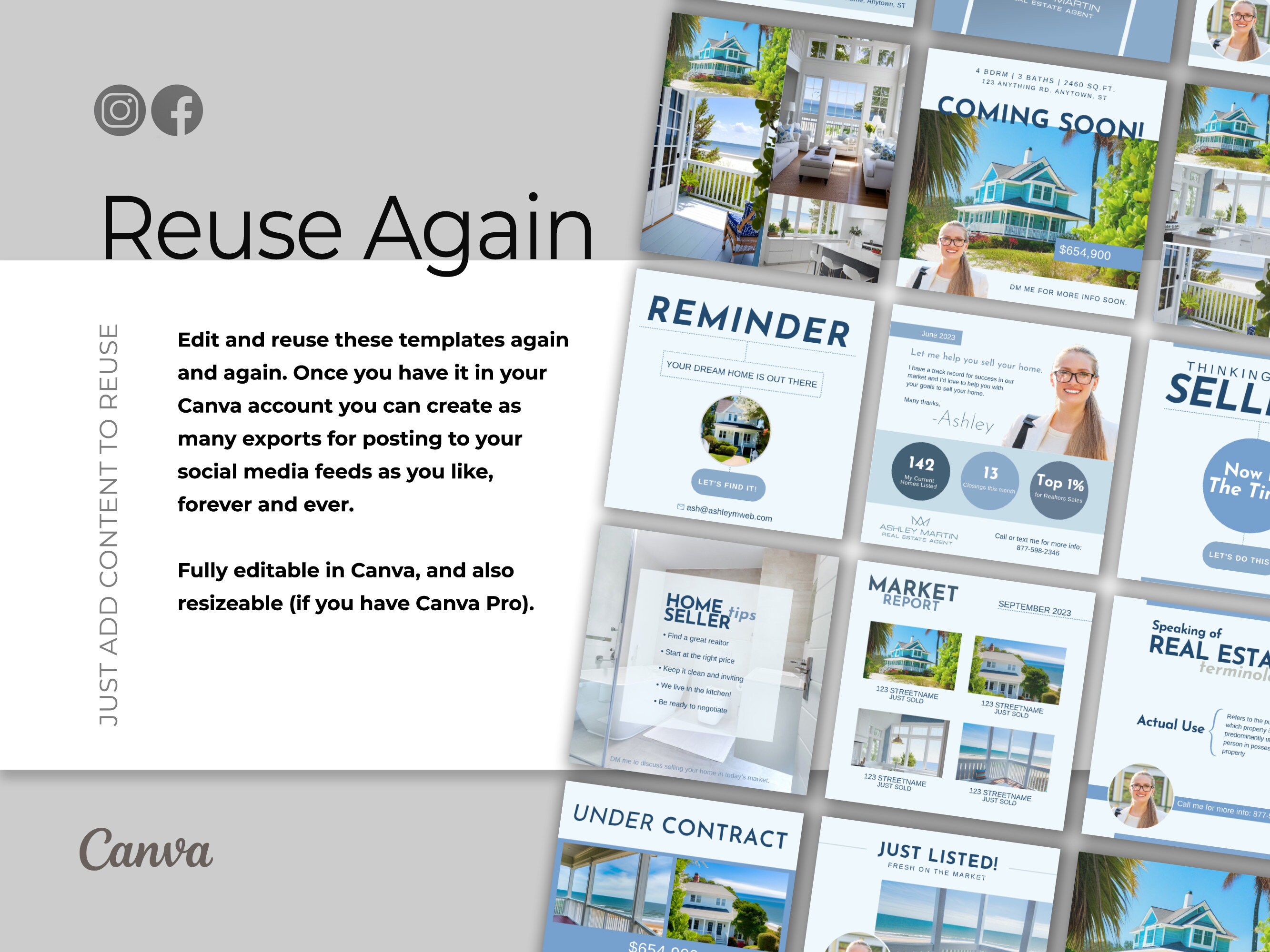 Ocean Blue Real Estate Instagram Post Story Highlights Icons in Canva Realtor Template Canva
