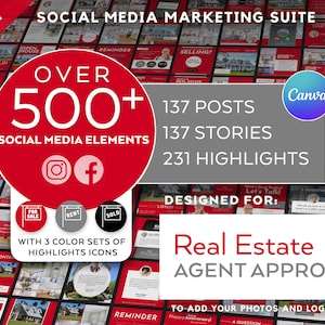 Red and Grey Real Estate 500 Instagram Post + Story + Highlights Icons in Canva | Realtor Template | Canva Marketing Template Red & Gray