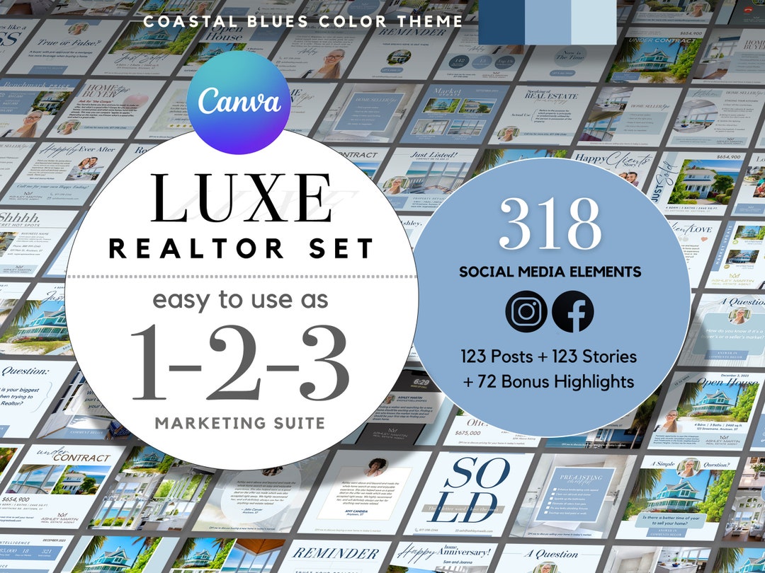 Ocean Blue Real Estate Instagram Post Story Highlights Icons in Canva Realtor Templates Canva