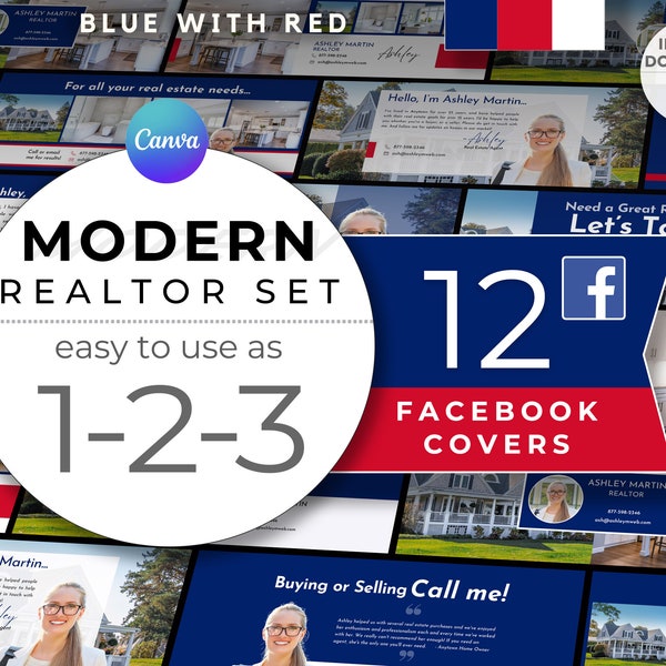 12 Real Estate Facebook Cover Banners | Social Media Banner | Real Estate Marketing | Facebook Cover | Canva marketing template | Blue w Red