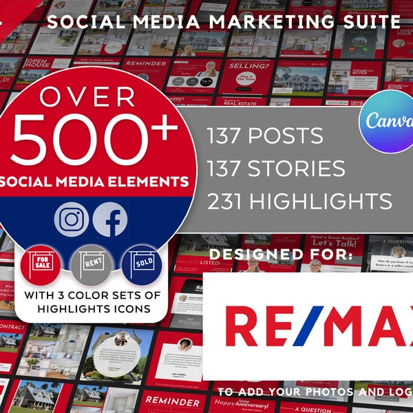 ReMax Real Estate 500 Instagram Post + Story + Highlights Icons in Canva | Realtor Template | Canva Marketing Template Red & Navy Blue