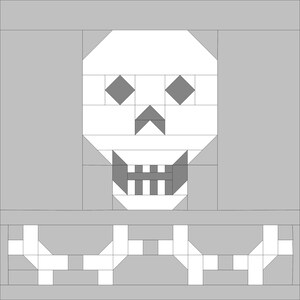 Può includere: Un design pixel art in bianco e nero di un teschio e ossa incrociate. Il teschio è bianco con occhi e denti grigi. Le ossa incrociate sono bianche con accenti grigi.